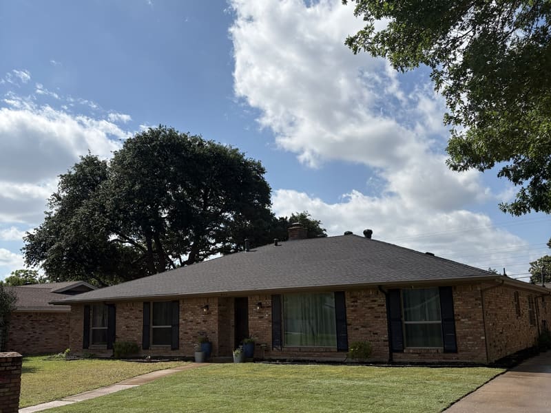 Thick, deep-green fertilized lawn in front of a brick ranch home
